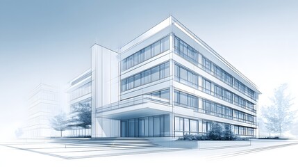 Modern office building architectural sketch rendering with blue overlay