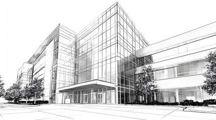 Architectural sketch depicts a modern glass facade office building exterior with surrounding landscaping