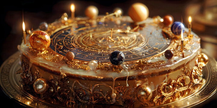 Zodiac Bloom: A Celestial Birthday Celebration in Sugar and Flame, ai generated.