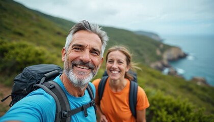 Smiling middle-aged couple takes selfie during coastal hike. Man, woman with backpacks enjoy scenic nature adventure, outdoor exploration, travel. Smile for camera. Blue ocean view, rich green hills