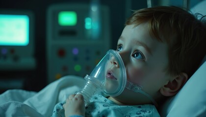 Young child lies in hospital bed with oxygen mask. Medical equipment surrounds, monitoring vital signs in dimly lit room. Child looks up with blue eyes.