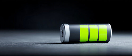 A battery with a green power bar indicator is shown on the surface against a dark background