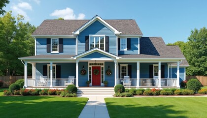Obraz premium Charming blue two story home with wrap around porch and green lawn. Red front door features wreath, white trim accents. Idyllic suburban residence.
