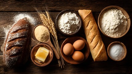 Assortment of freshly baked loaf, ingredients, and grain displayed on rustic wooden surface