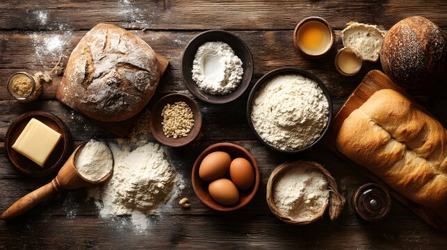 Assortment of freshly baked breads and raw baking ingredients displayed upon dark wooden surface - Powered by Adobe