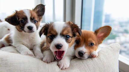 ソファの上でくつろぐ複数の子犬たち
