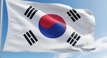 A vibrant south korean flag waving gently in the breeze against a clear blue sky on a sunny day outdoors