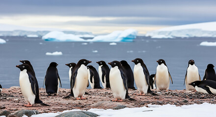 Obraz premium A group of adelie penguins standing on a rocky shore with icebergs in the background under a cloudy sky