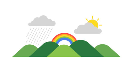Fototapeta premium Stylized illustration of a rainbow appearing over green hills after a rain shower with sun breaking through clouds. Flat Vector Illustrations. EPS Editable