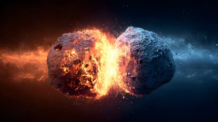 Two massive celestial bodies experience a dramatic, fiery collision in deep space.