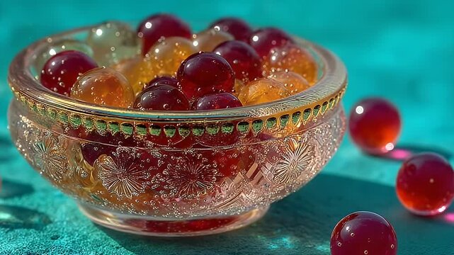 Colorful Translucent Water Beads In A Decorative Glass Bowl On A Textured Teal Surface With Bright Sunlight Reflections
