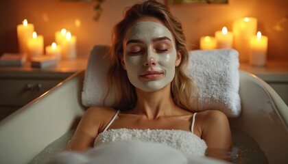 Woman with clay facial mask relaxes in bathtub with candles. Female enjoys serene beauty treatment in warm water. Girl with closed eyes rests in bath. Concept of skin care, bodycare, wellness,