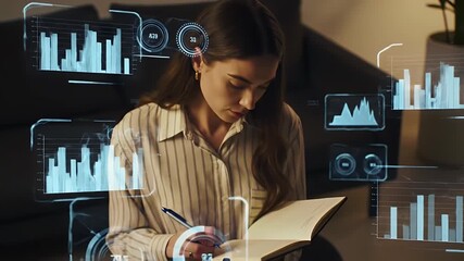 Young Woman Analyzing Digital Data Over Shoulder Writing Notes in Notebook With Futuristic Holographic Graphs and - Powered by Adobe