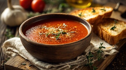 A warm bowl of vibrant red soup, garnished with herbs and cheese, sits atop a linen napkin with toasted bread slices, tomatoes, and garlic