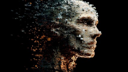 Futuristic AI human face made of digital cubes &ndash; abstract artificial intelligence art