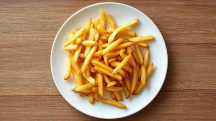 Overhead shot of golden-brown, crispy fried potatoes arranged on a plain white circular plate, set against a warm wooden table