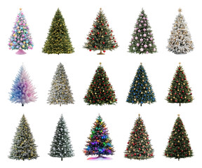 Fototapeta premium PNG Festive colorful Christmas trees collection, element set on transparent background