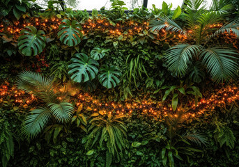 Lush green vertical garden wall adorned with warm fairy lights isolated on transparent background
