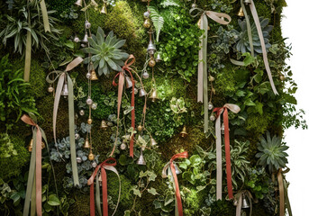 Fototapeta premium Green wall with festive ribbons and bells isolated on transparent background