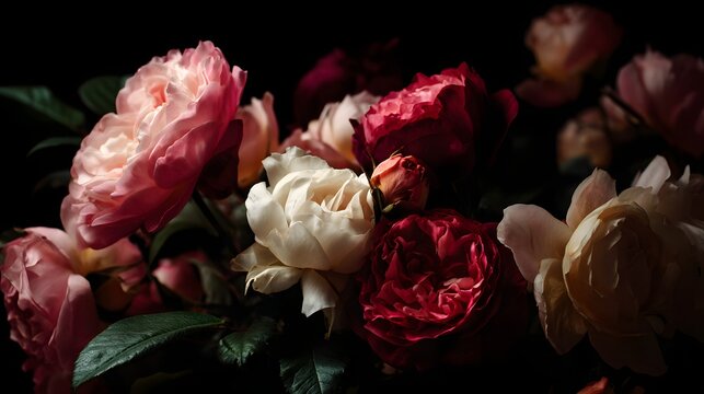 Cluster of multicolored blooms illuminates against a deep black background with dramatic lighting