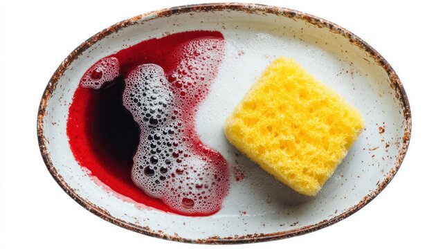 An oval ceramic dish holds red liquid forming a soapy puddle. Beside it, a yellow, porous rectangular sponge sits. Surface shows texture and bubbles