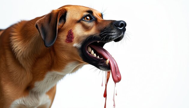 Brown aggressive dog with rabies drools foamy saliva, blood from open mouth. Animal looks sick with viral infection. Red inflamed wound on face, showing clear symptoms. Danger of disease spreads to
