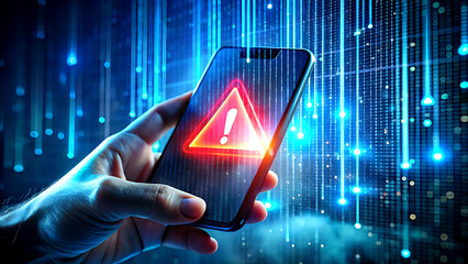Smartphone displaying a warning sign digital security concept data breach alert on mobile device