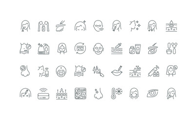 Exfoliation and moisturizing, lip augmentation thin black and red outline symbols vector illustration Cosmetic procedures, beauty care and skin rejuvenation, cosmetology, acne treatment line icon set.