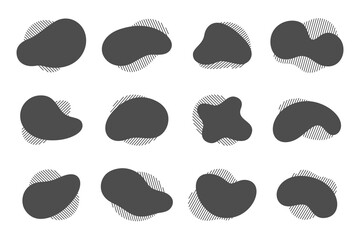 Abstract black liquid shapes overlay striped patterns. Flat dynamic fluid forms with linear textures. Modern minimalist figures flowing contours, vary sizes patterns creating visual rhythm on white