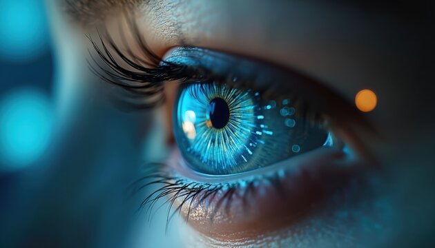 Close up human eye reflects abstract blue digital data streams. Futuristic iris with glowing circuits represents AI insights and future tech. Biometric scan processes information for smart systems. - Powered by Adobe