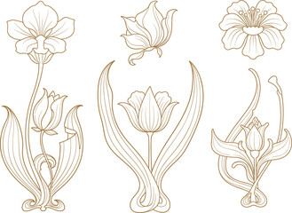 Simplified linear floral illustrations with thin elegant lines, golden stroke on white background, vector outline style