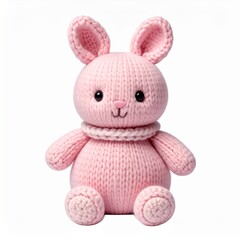 Cute Pink Knitted Bunny Toy Isolated on White Background