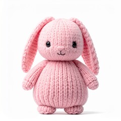 Cute Pink Knitted Bunny Toy Isolated on White Background