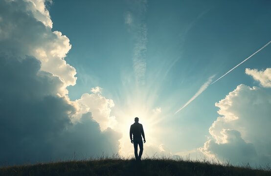 Man silhouette stands on grassy hill looking at sunburst sky with clouds. Person walks alone outdoors on bright day, enjoying freedom and vastness of nature. Adventure and travel destination vibe.
