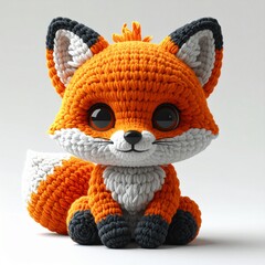 Adorable Knitted Fox Plush Toy with Big Eyes on White Background