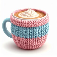 Cozy Knitted Mug of Coffee with Whipped Cream on White Background