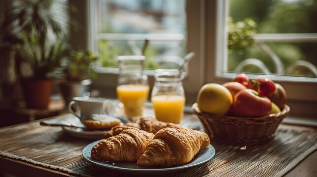 Golden baked pastries and fresh fruit accompany morning beverages near a sunlit window setting