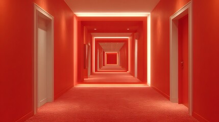 Symmetrical corridor extends into infinity with intense red walls and illumination