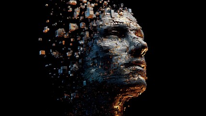 Futuristic AI human face made of digital cubes &ndash; abstract artificial intelligence art