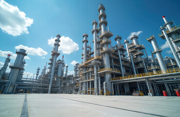 Fototapeta premium Industrial refinery plant against blue sky. Complex of metal structures pipes and towers. Petrochemical industry building. Modern factory with equipment. Energy production manufacturing tech.