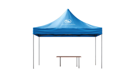3d branded showcase tent with sleek table background isolated on a Transparent background, PNG file.