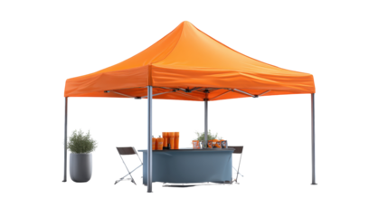 3d branded showcase tent with sleek table background isolated on a Transparent background, PNG file.