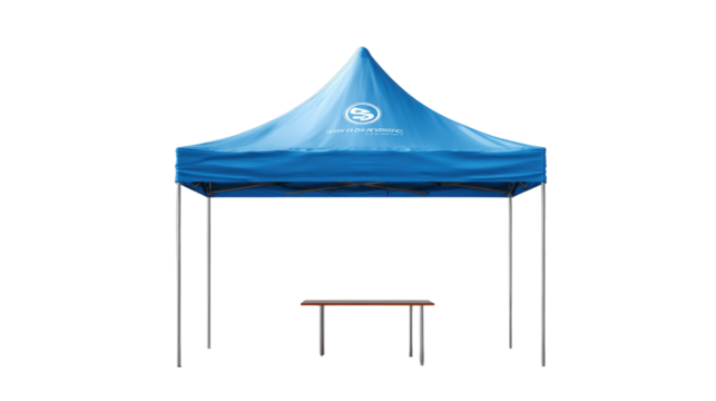 3d branded showcase tent with sleek table background isolated on a Transparent background, PNG file.