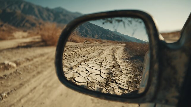 Dry cracked earth and distant mountains visible in a side view mirror while driving on an unpaved desert road