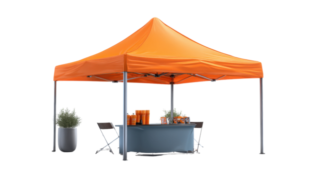 3d branded showcase tent with sleek table background isolated on a Transparent background, PNG file.