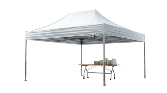 3d clean showcase tent with compact table background isolated on a Transparent background, PNG file.