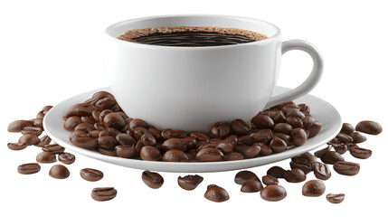 3d coffee cup with coffee beans around, isolated on a Transparent background, PNG file.
