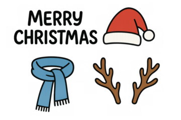 Merry christmas graphic with santa hat, reindeer antlers, and blue scarf, illustrating festive winter holidays