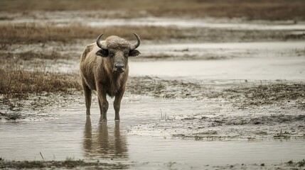 Large horned mammal stands immersed in shallow water within a muted landscape