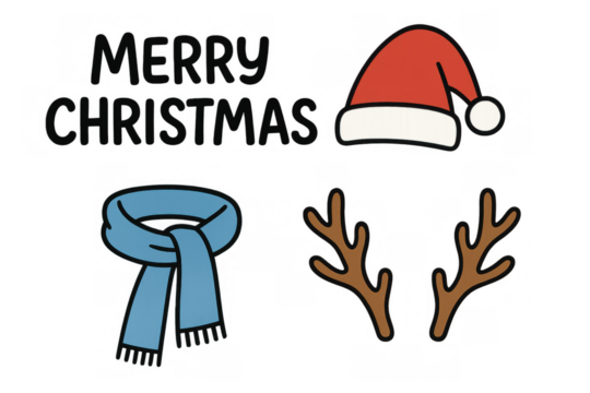 Merry christmas graphic with santa hat, reindeer antlers, and blue scarf, illustrating festive winter holidays - Powered by Adobe